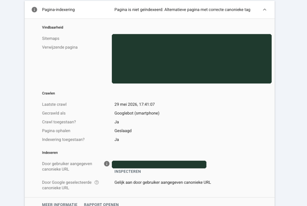 URL-inspectie in Search Console waarin de door de gebruiker opgegeven canonical gelijk is aan de door Google geselecteerde canonical