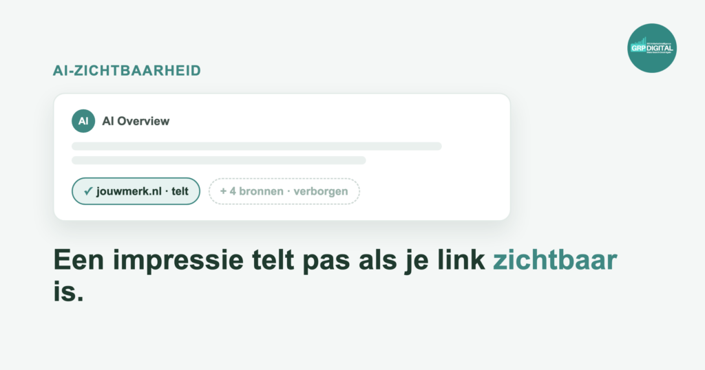 AI Overview met een zichtbare bron die meetelt en vier verborgen bronnen die nog niet meetellen als impressie