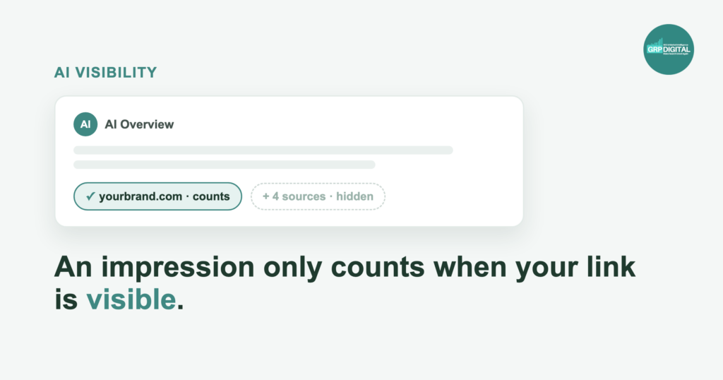 AI Overview with one visible source that counts and four hidden sources that don't yet count as an impression