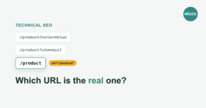 Two parameter URLs struck through and a canonical pointing to the clean product URL