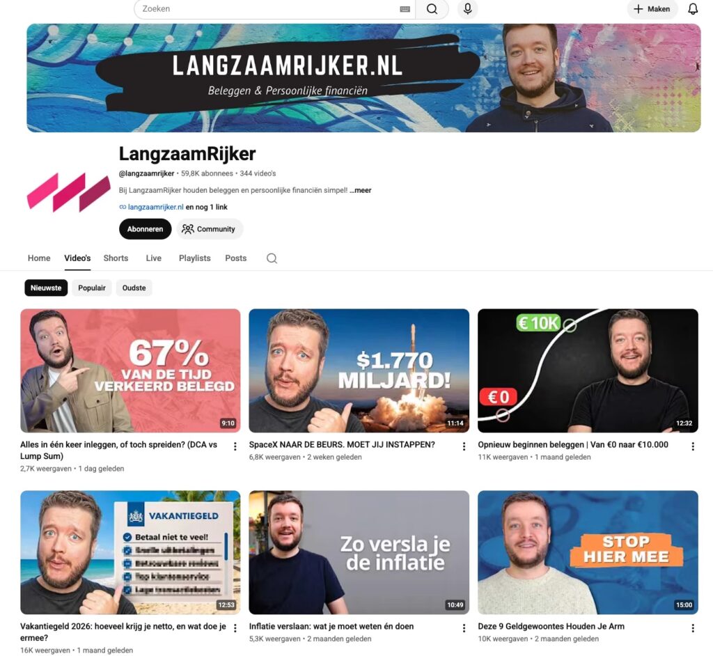 Screenshot van het YouTube-kanaal LangzaamRijker van Tim Kraai met video-thumbnails over beleggen en persoonlijke financien, waarop telkens een gezicht met een herkenbare emotie staat