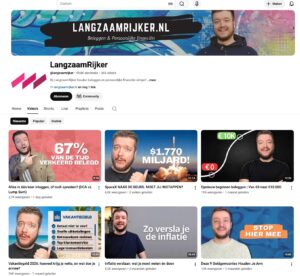 Screenshot van het YouTube-kanaal LangzaamRijker van Tim Kraai met video-thumbnails over beleggen en persoonlijke financien, waarop telkens een gezicht met een herkenbare emotie staat